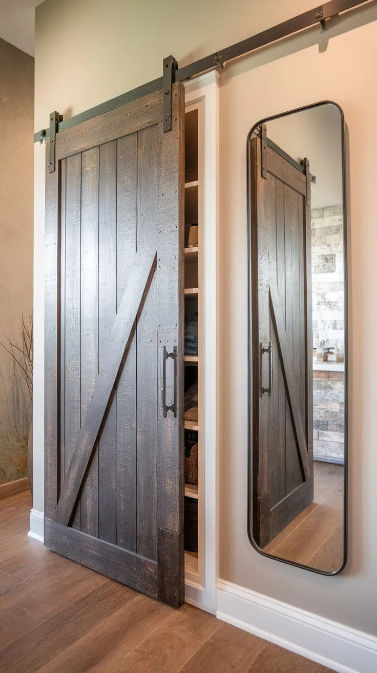 A wood-floored mudroom boasts a rustic sliding barn door wardrobe and a full-length mirror, creating a stylish and functional entryway.
