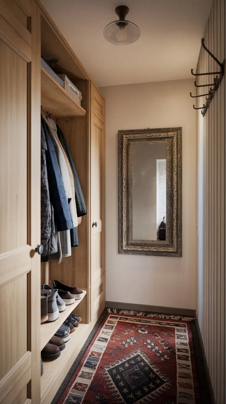 A hallway's rustic elegance is defined by a practical wardrobe and ornate mirror, enhanced by a rug and wall hooks under a soft light.