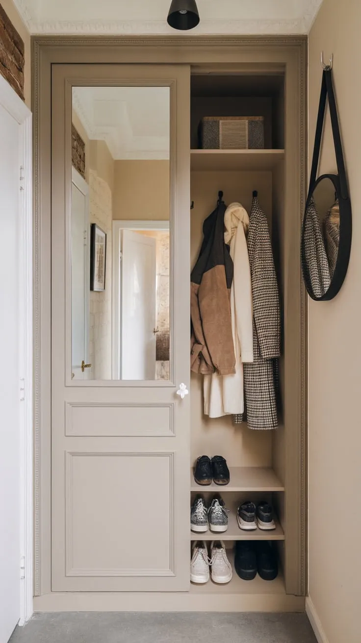 A modern minimalist hallway boasts a stylish mudroom wardrobe with a mirrored door as its focal point, showcasing neat storage and enhancing the home's design