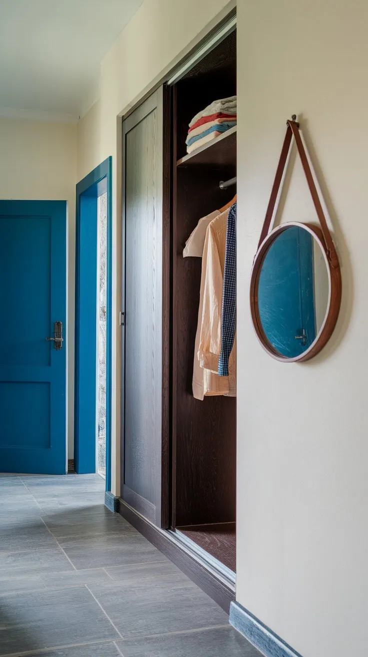 A dark wood hallway wardrobe, subtly reflected in a nearby mirror, stands elegantly against light walls and gray tiles, leading to a deep blue door.