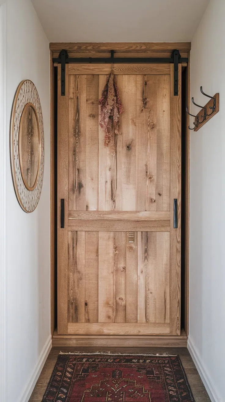 A wood-paneled sliding door wardrobe adds sophisticated storage to a hallway, accented by wall hooks and a floor rug.