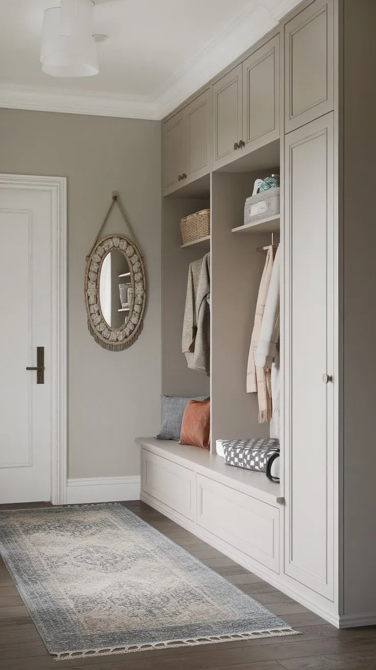 Modern style meets practical storage in a light gray hallway, a stylish wardrobe completing the mudroom's wood-floored aesthetic.