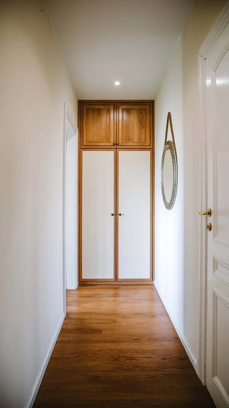 A bright hallway with wooden floors and white walls features a white-doored wooden wardrobe complemented by a decorative mirror.
