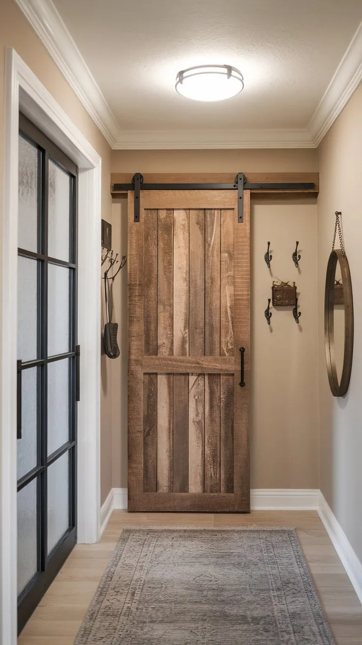 A rustic wood-and-glass hallway wardrobe featuring a sliding barn door complements a neutral space with stylish modern accents