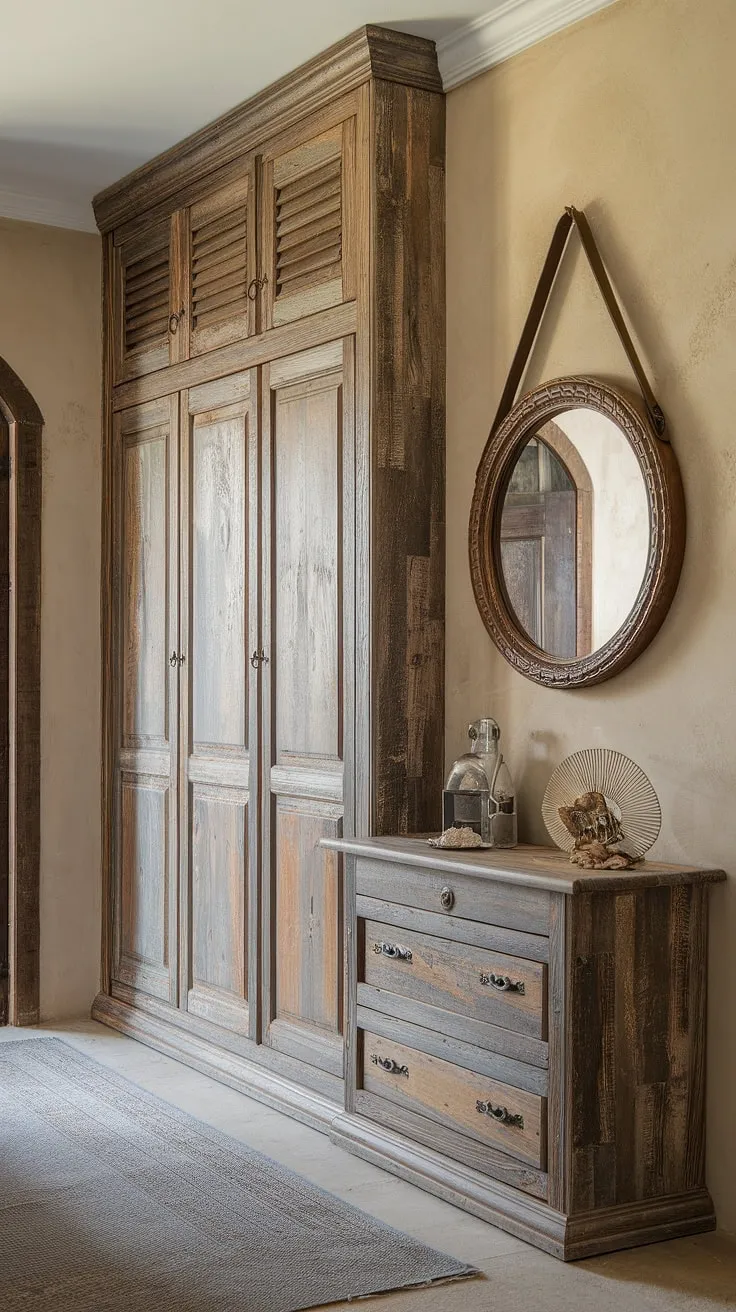 The hallway designs in this space are elevated by this beautifully weathered hallway wardrobe.  The decor mirror adds a touch of elegance, while the rustic wood perfectly complements the beige walls, creating a serene mudroom design with undeniable appeal.