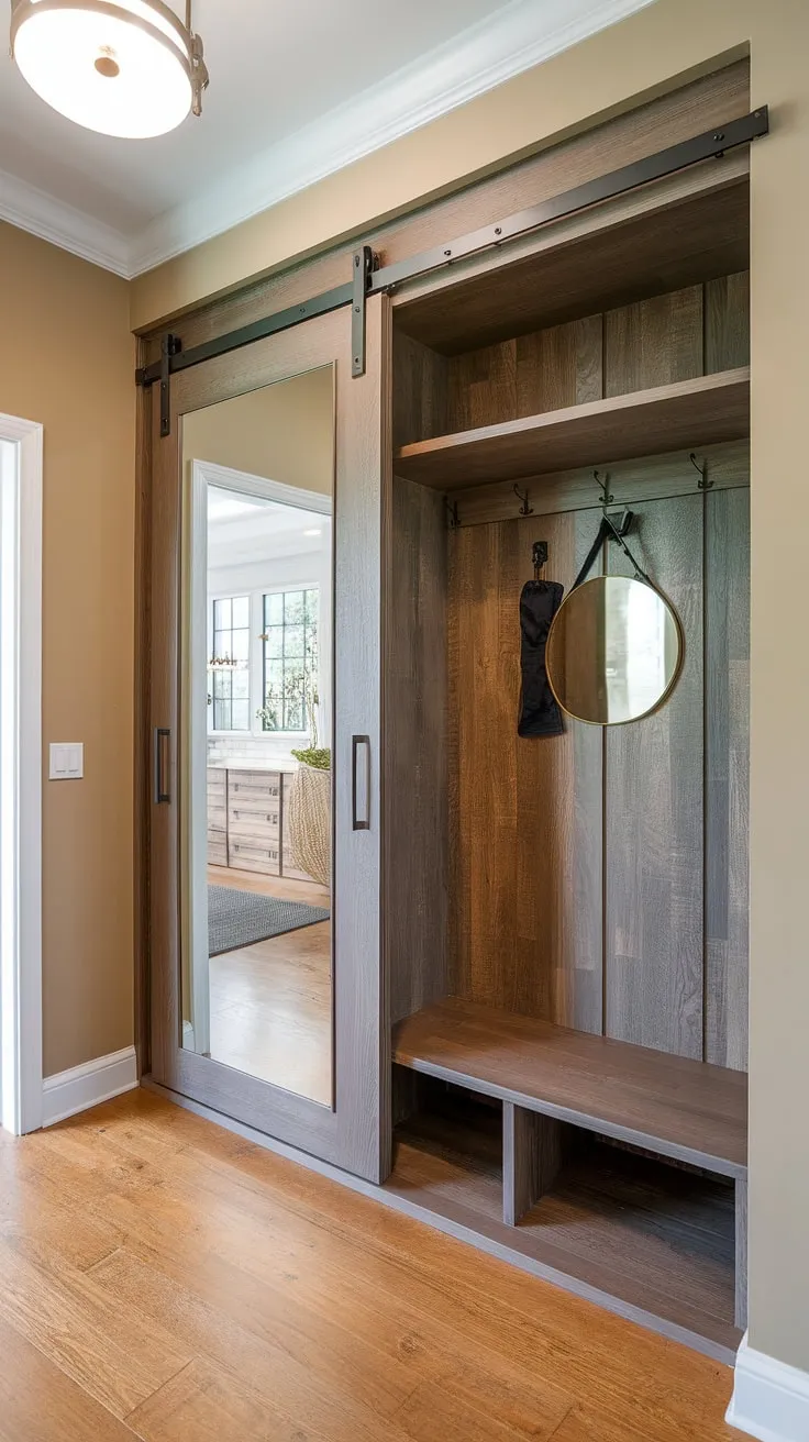 This hallway wardrobe, a masterpiece of mudroom design, seamlessly blends functionality with style. The interior designer aesthetic is evident in every detail, from the rich wood grain to the subtly glamorous decor mirror on the sliding door.  A perfect example of how thoughtful hallway designs can elevate your home hall design.