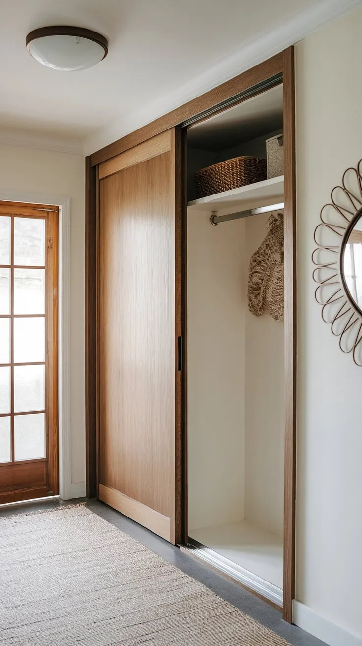 Clean lines and a calming palette define this hallway wardrobe, a testament to thoughtful home hall design. The sliding door conceals ample storage, while the decor mirror and soft rug add a touch of understated elegance, reflecting the interior designer aesthetic.  The door aesthetic complements the overall minimalist feel, perfect for a mudroom design.