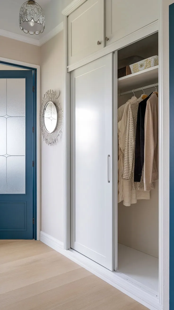 This hallway wardrobe is the epitome of stylish storage.  The built-in design maximizes space, while the sliding door and decor mirror add a touch of elegance.  The combination of the dark blue door aesthetic and the light wood flooring creates a visually appealing contrast, showcasing a thoughtful home hall design.  Perfect for a busy family, this mudroom design offers both practicality and a touch of interior designer aesthetic.