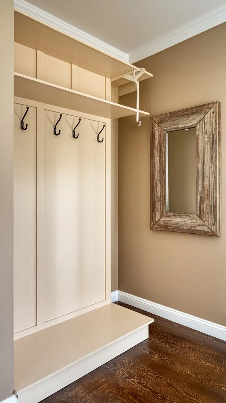 A rustic mirror and multi-hooked hallway wardrobe enhance a beige-walled space with dark wood floors.