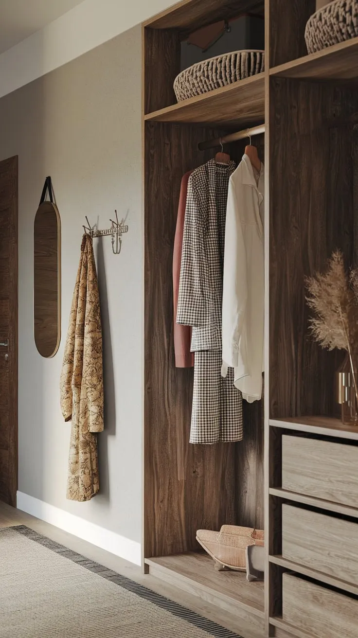 Soft light enhances the minimalist aesthetic of a wooden hallway wardrobe showcasing neatly hung clothes against a mirrored wall.