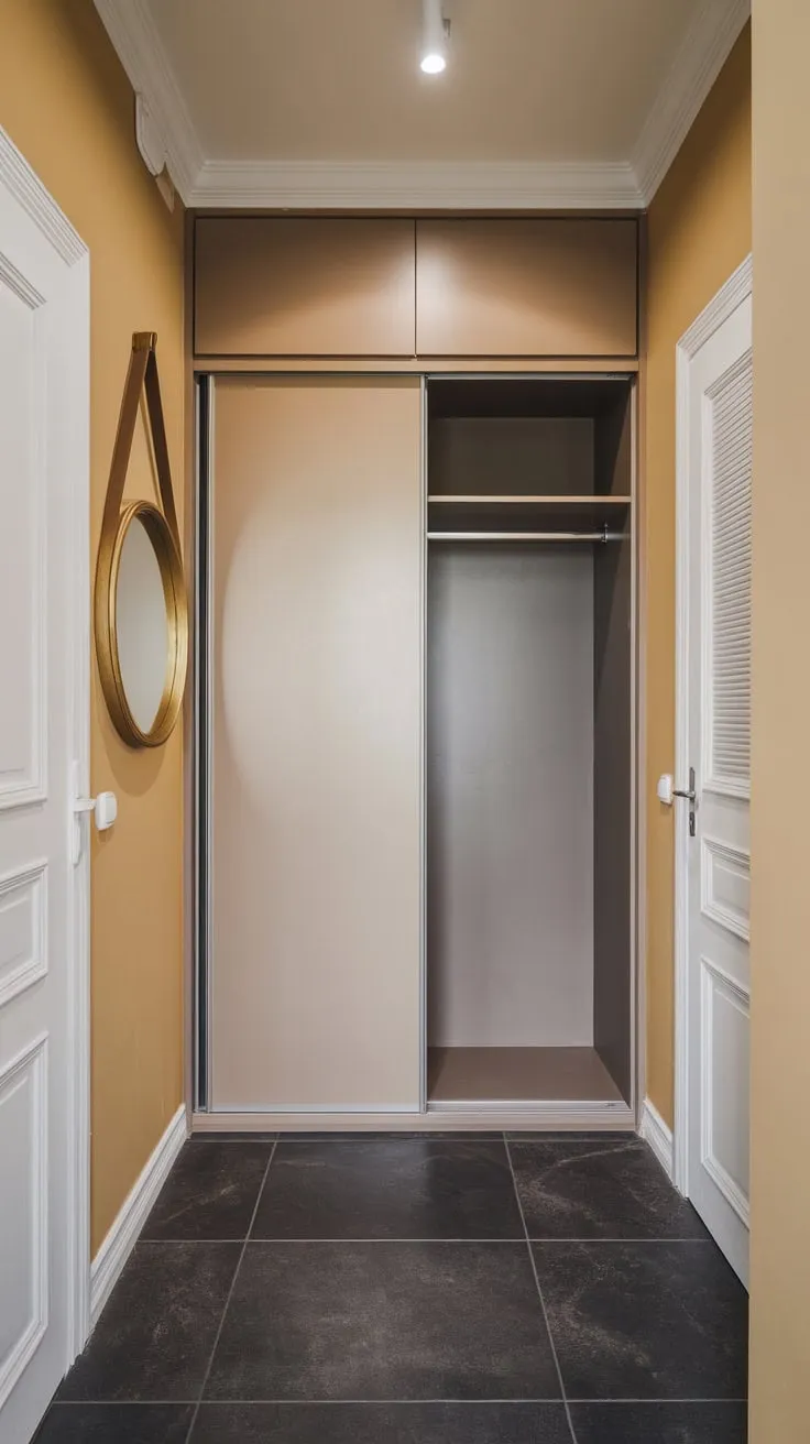 A sleek beige hallway wardrobe with a dark grey interior complements the modern aesthetic, its sliding doors reflecting light against beige walls and a dark grey floor.