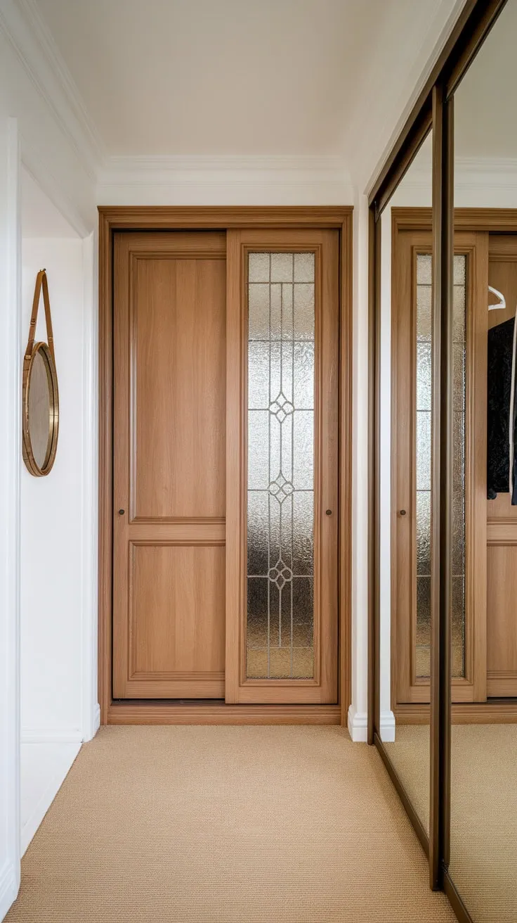 A sleek wooden hallway wardrobe with a decorative glass sliding door complements a minimalist aesthetic, enhanced by a floor-to-ceiling mirror and beige carpeting
