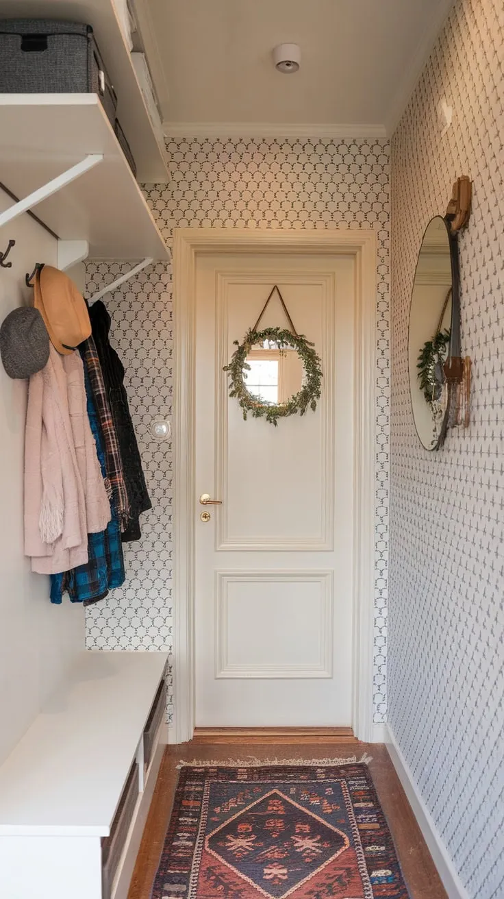 A stylish hallway wardrobe with a door, complemented by patterned wallpaper, soft lighting, a decorative mirror, and practical shelves and hooks, creates a welcoming and organized entryway.