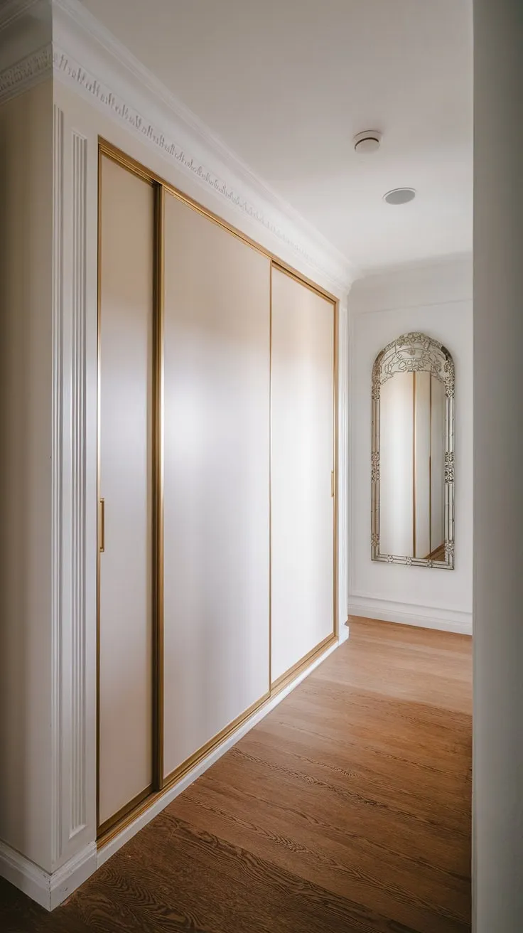 A large sliding-door wardrobe, mirrored and elegantly situated in a minimalist hallway, exudes understated luxury.