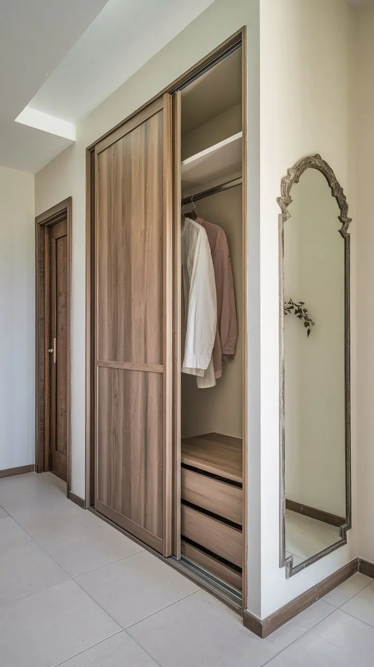 Elegant sliding-door hallway wardrobe maximizes space and adds a touch of sophistication to a clean, light-filled entryway.