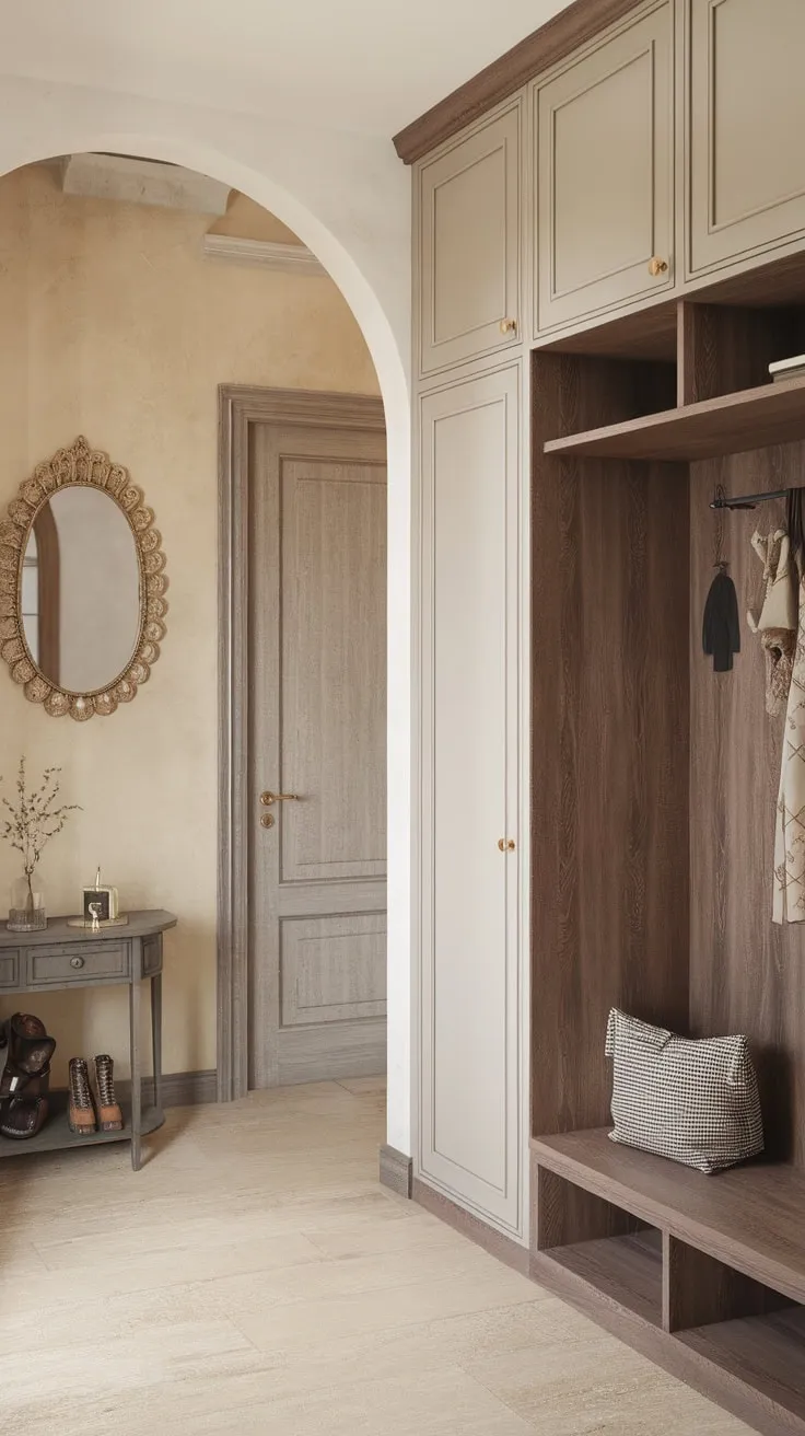 Neutral tones and clean lines define this hallway's wood wardrobe, accented by a decorative mirror and gold door knob, creating a practical yet stylish mudroom entryway.
