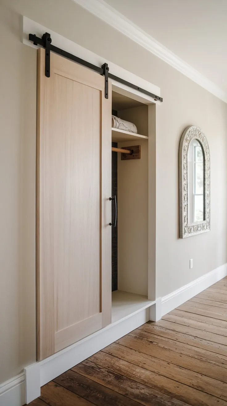 A minimalist hallway wardrobe with sliding doors blends seamlessly into a rustic-chic mudroom design featuring a neutral palette and wood flooring