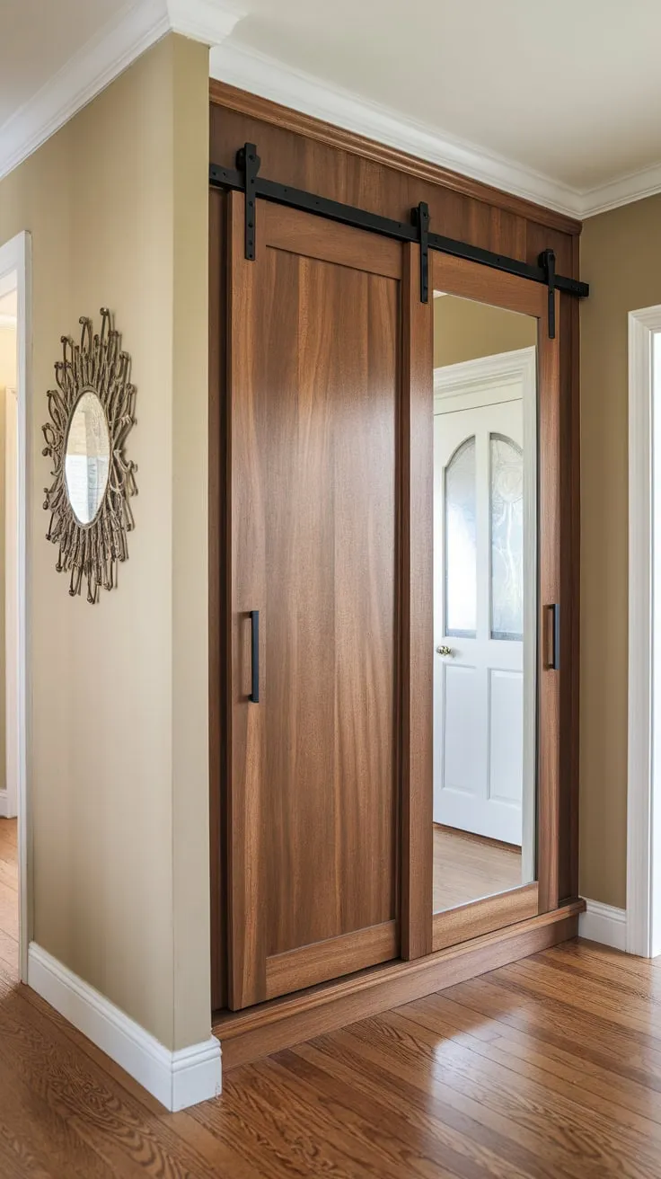 A mirrored sliding-door wardrobe adds both storage and reflective elegance to a calm, beige hallway.