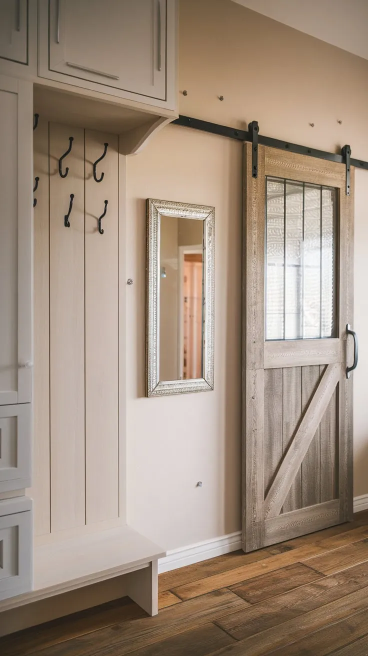 Soft lighting enhances the charming hallway's functional yet stylish design.