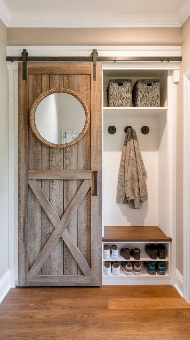 A boho-chic hallway wardrobe with a rustic sliding barn door, complemented by a mirror, coat rack, shoe bench, and wood flooring creates a stylish mudroom.