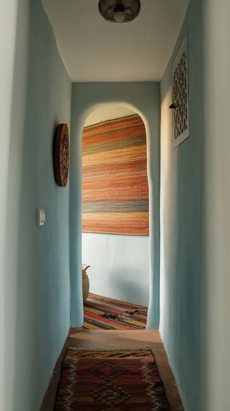 A low-angle shot reveals a calming boho hallway, its narrow space brightened by soft lighting, a light blue hue, and vibrant artwork above the doorway