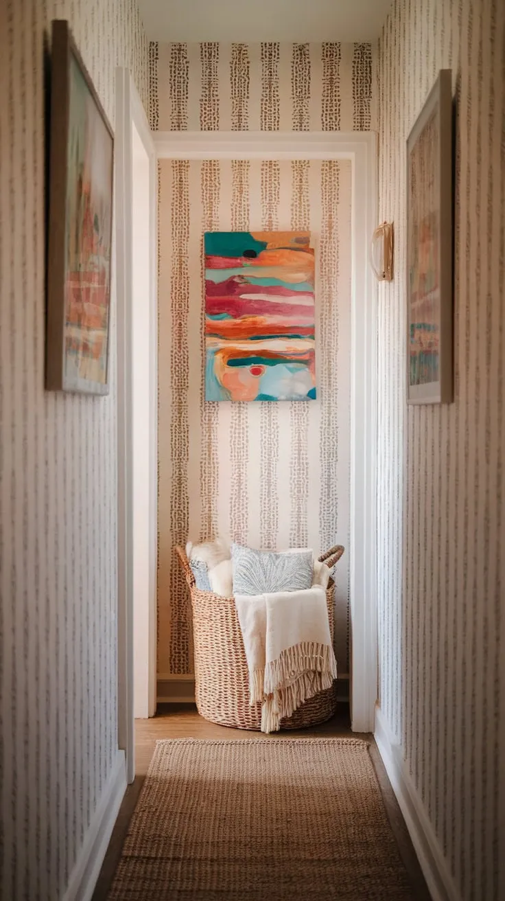 A cozy, narrow hallway boasts boho charm with patterned wallpaper, a woven rug, a blanket-filled basket, and a colorful painting above the door.