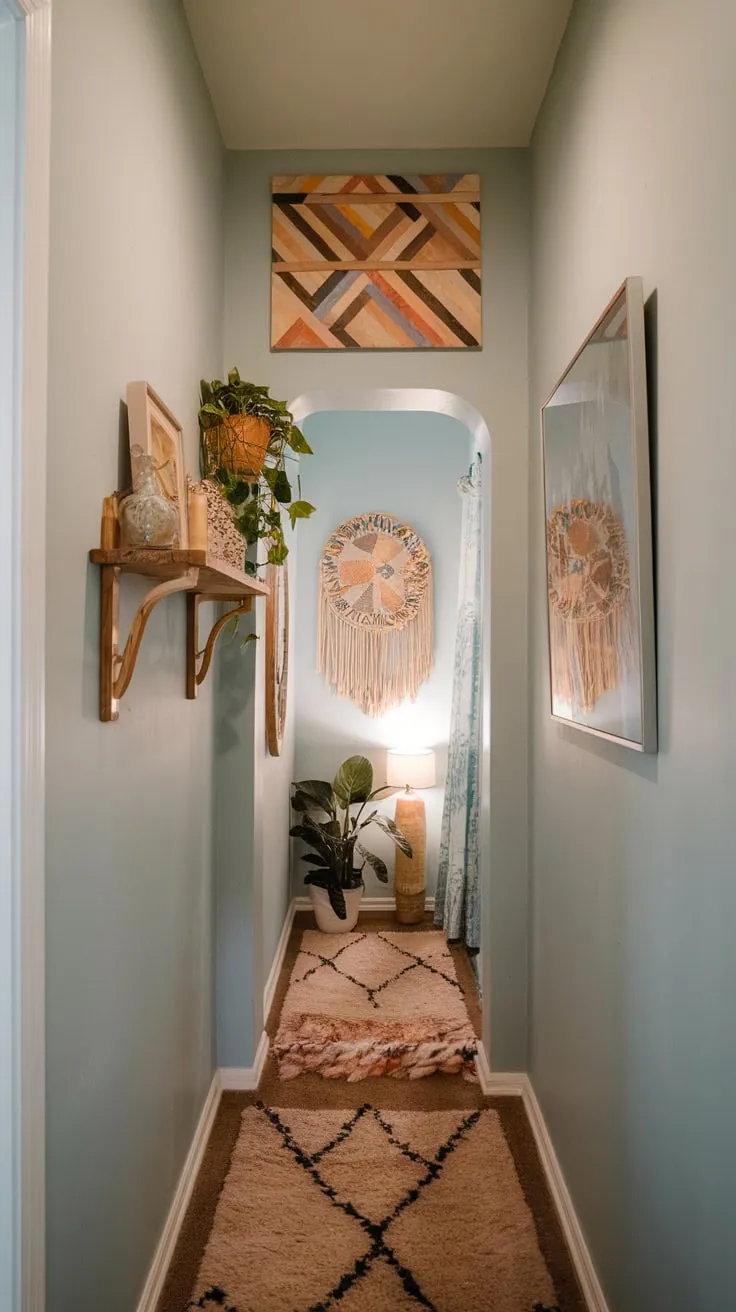 A narrow hallway bursts with bohemian charm, its light blue walls adorned with art, plants, and a plush rug creating a cozy and welcoming passage.