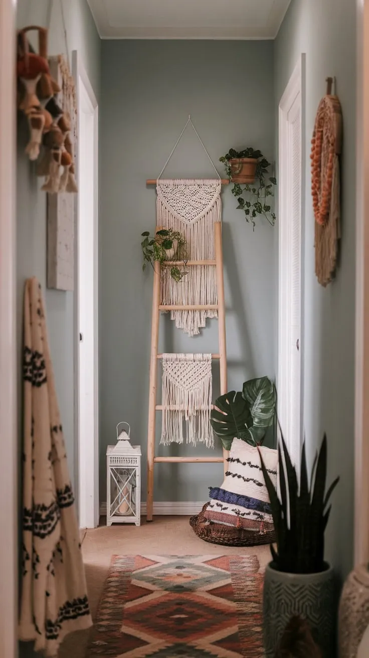 A cozy boho hallway, painted soft blue, welcomes you with a patterned rug, macrame wall hanging, and charming ladder-plant display.