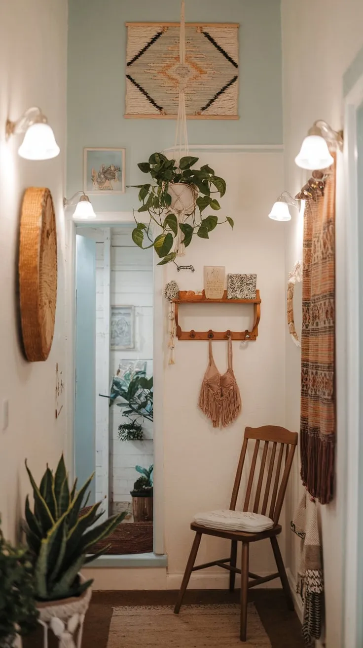 A light blue-walled hallway is magically upgraded into a charming boho entryway featuring a comfy chair, hanging plants, and artistic touches.
