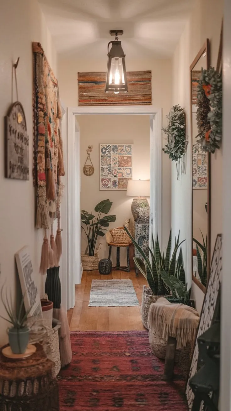 A narrow hallway bursts with boho charm, its cozy ambiance enhanced by rugs, plants, artwork, and eclectic wall decor.