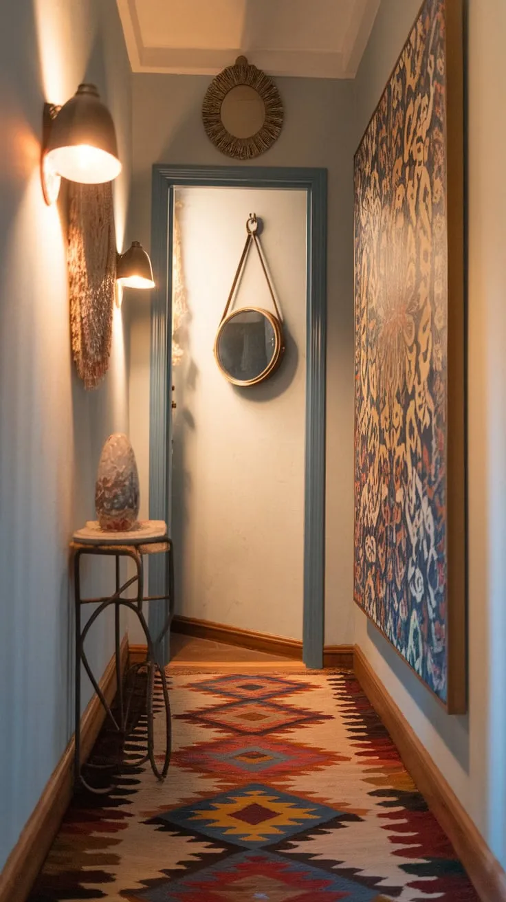 Bohemian style thrives in a narrow hallway, its light blue walls adorned with a patterned rug, floral art, and ambient lighting.