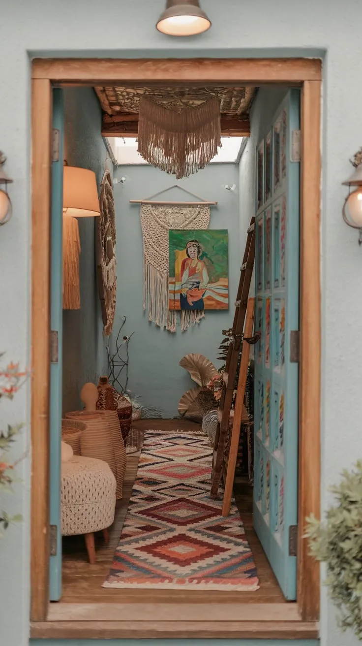 A cozy boho hallway, painted soft blue, welcomes you with patterned rugs, macrame, and vibrant art, creating an inviting atmosphere.