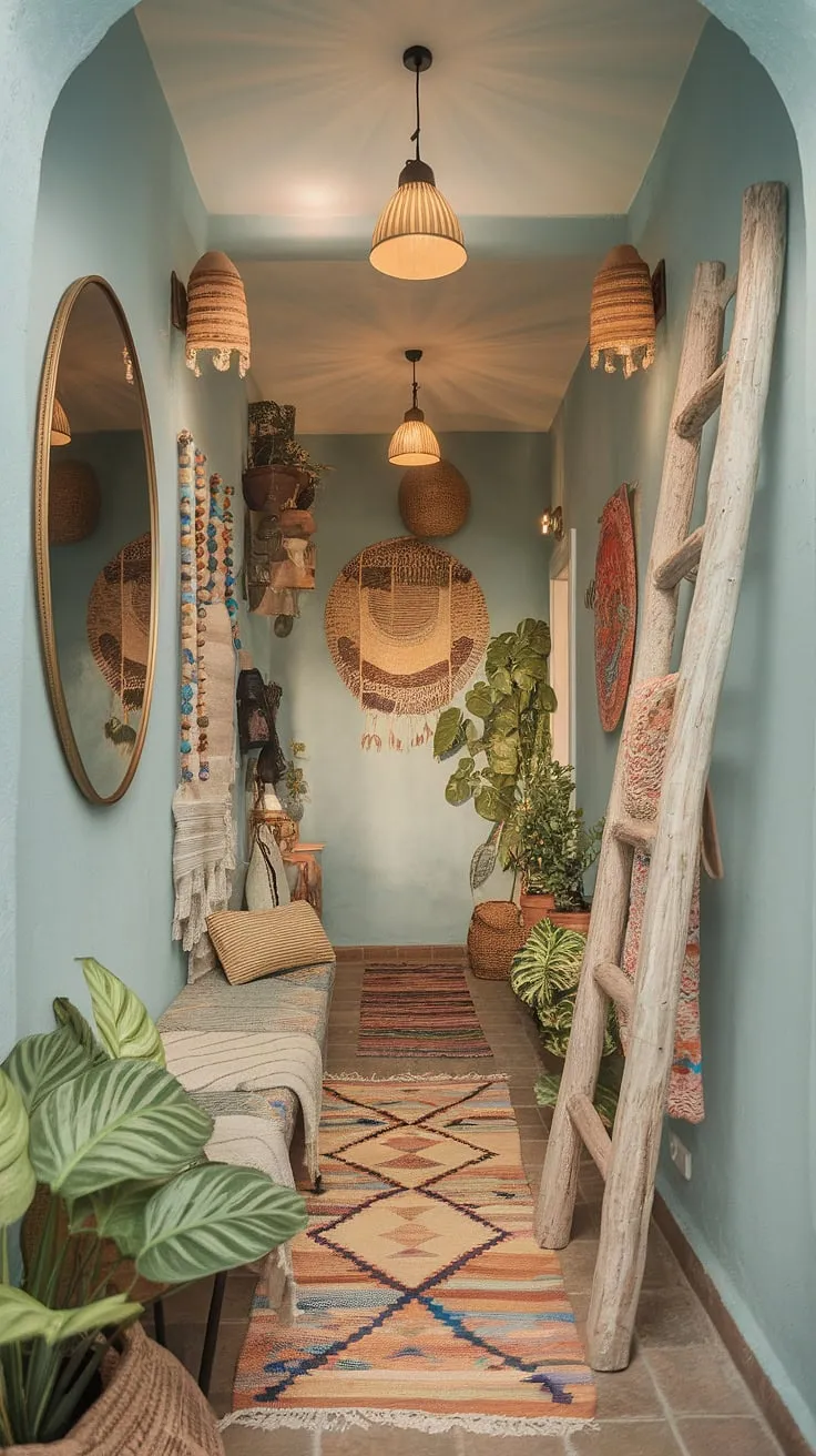 This narrow hallway's cozy home makeover is a masterclass in boho interior design.  The soft blue foyer walls, entryway lamps, and art over doorway create a welcoming atmosphere, while the colorful rug and rustic wooden ladder add a touch of unexpected charm.  Plenty of entryway ideas packed into this space!