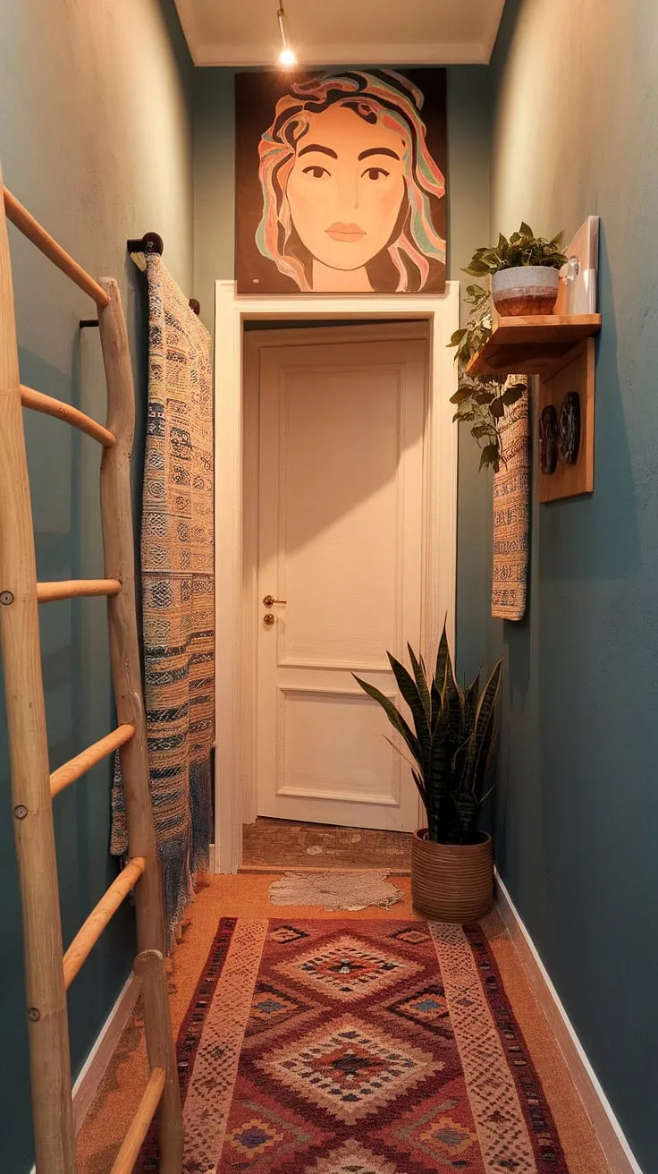 This narrow hallway, transformed with a cozy home makeover, showcases the magic of boho interior design.  The soothing blue foyer walls are brightened by a vibrant art over doorway, creating a colorful entryway.  A patterned rug, wooden ladder, potted plant, and thoughtfully placed items complete this charming entryway ideas space.  While entryway lamps aren't visible, the warm lighting perfectly complements the narrow hallway decor and home decor choices.