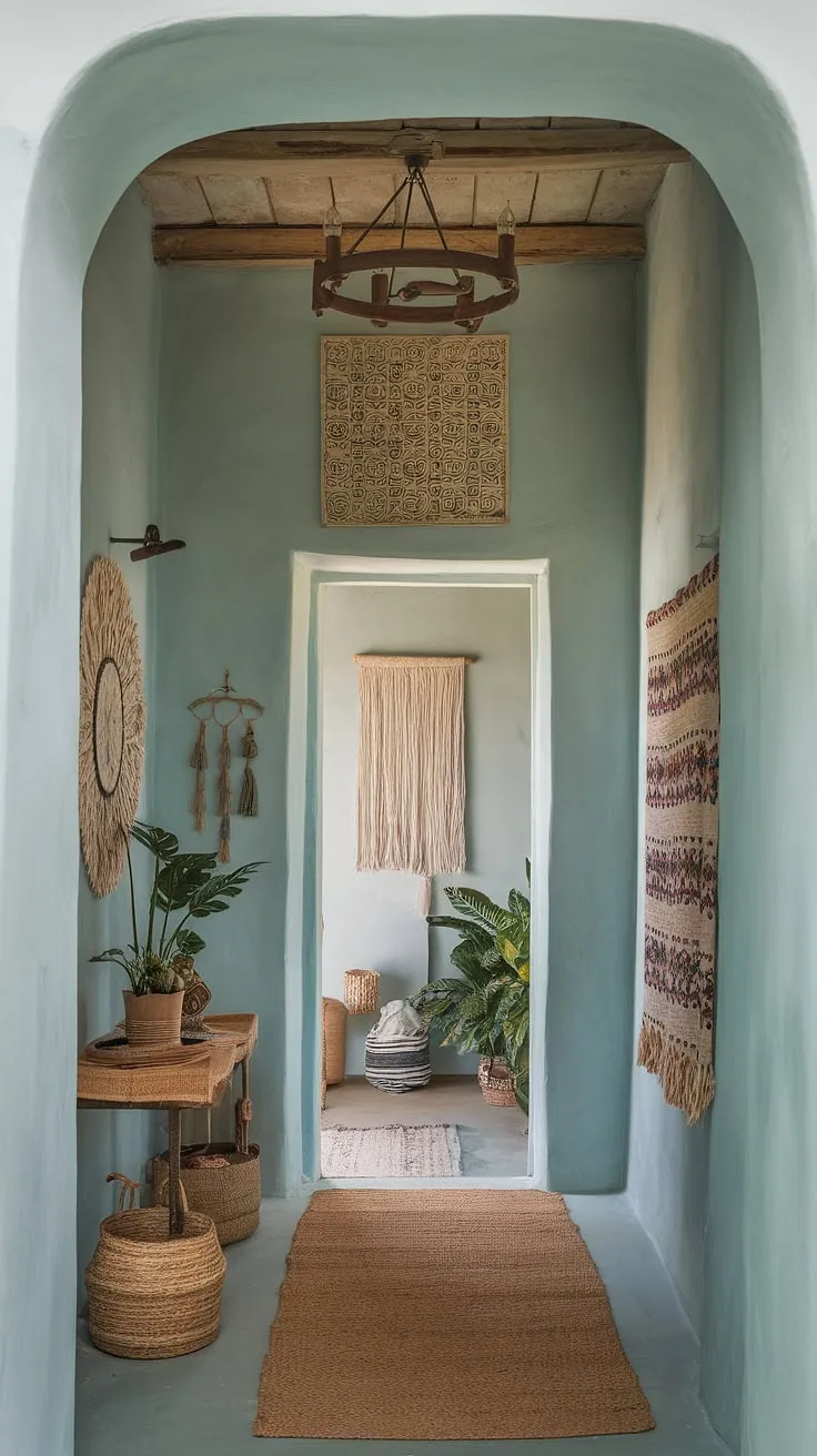 Transforming a narrow hallway into a vibrant and inviting space. This colorful entryway ideas showcases the magic of boho interior design, with thoughtful narrow hallway decor, entryway lamps, and art over doorway. The result? A cozy and stylish entryway that sets the tone for the entire home.