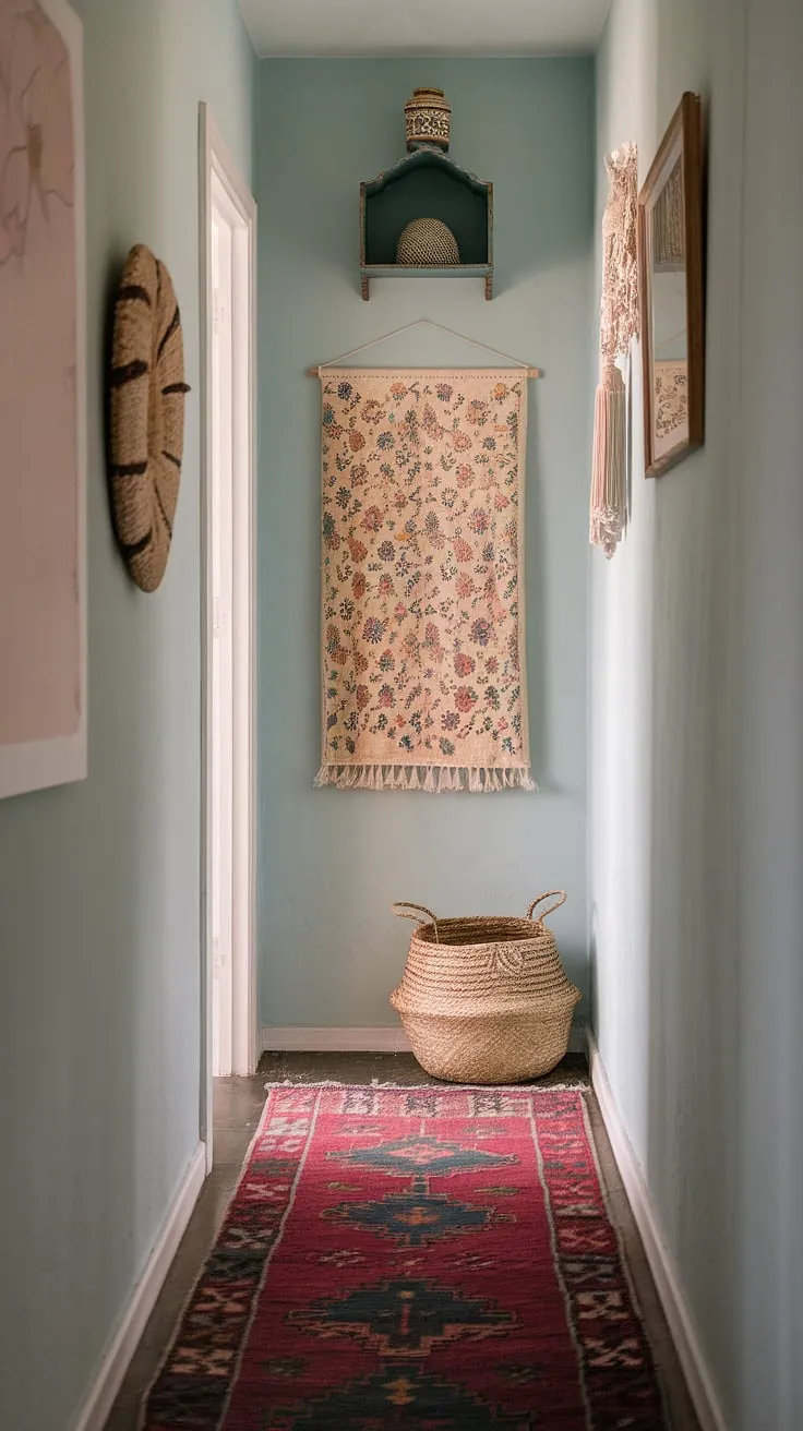 This narrow hallway, transformed with boho interior design, proves that even small spaces can make a big statement.  The colorful entryway ideas, including the art over doorway and woven basket, create a welcoming and cozy home makeover.  Clever narrow hallway decor maximizes the space, while the soft blue foyer walls and entryway lamps add a touch of serenity.