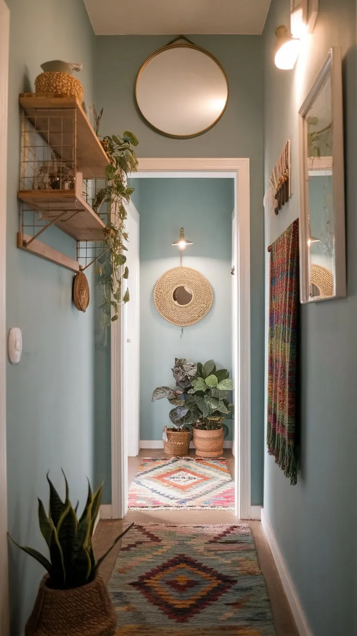 A narrow hallway's cozy boho charm is amplified by a blue palette, vibrant rug, and thoughtfully placed decor culminating in a wall lamp.