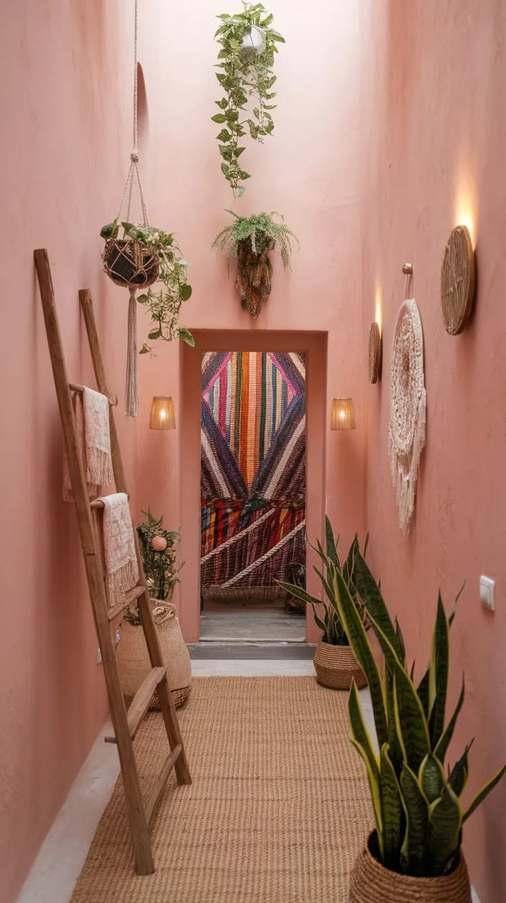 A narrow hallway, blush-pink walls adorned with plants and a woven rug, culminates in a vibrant doorway framed by lamps and art