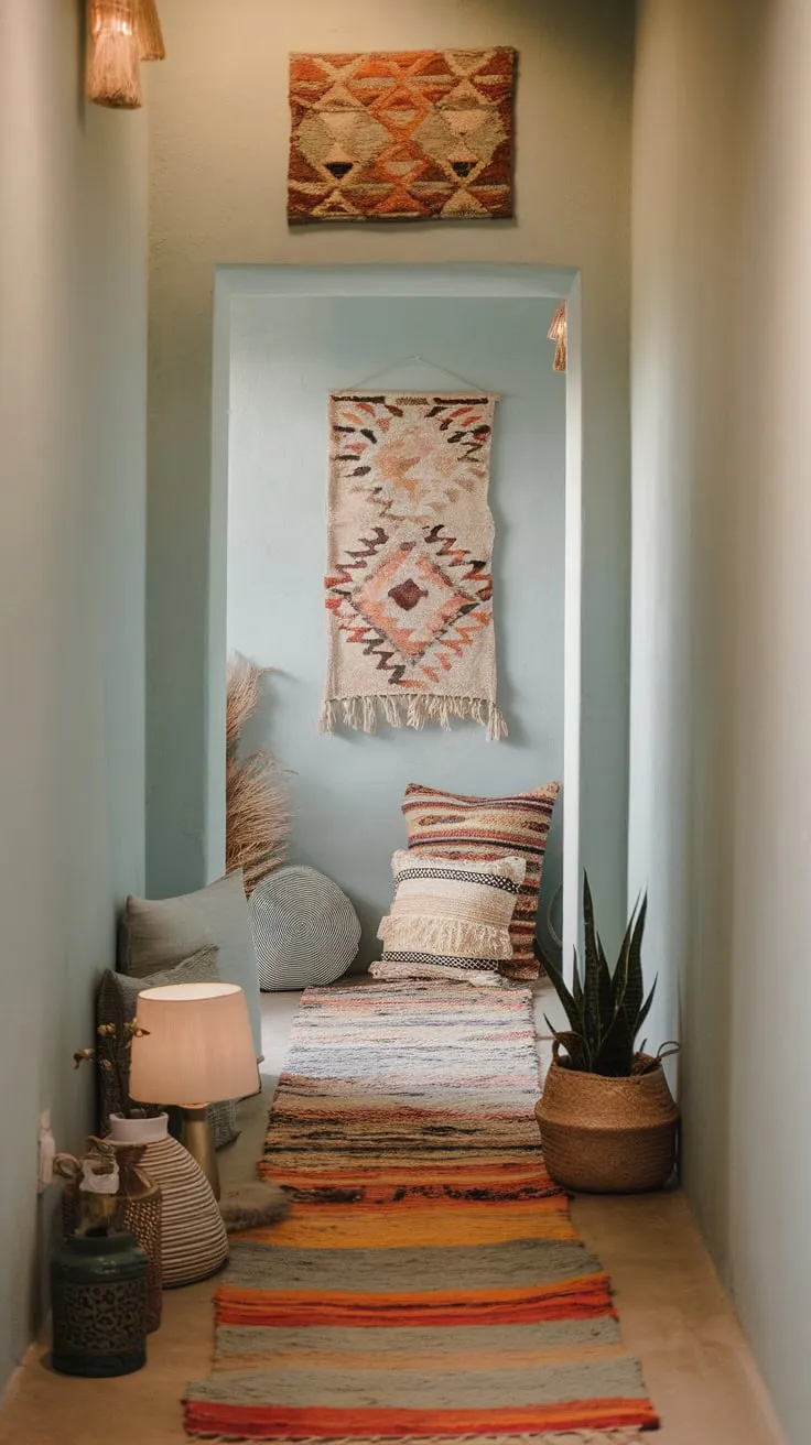 A narrow hallway transforms into a welcoming bohemian space through vibrant rugs, decorative accents, and calming blue walls.