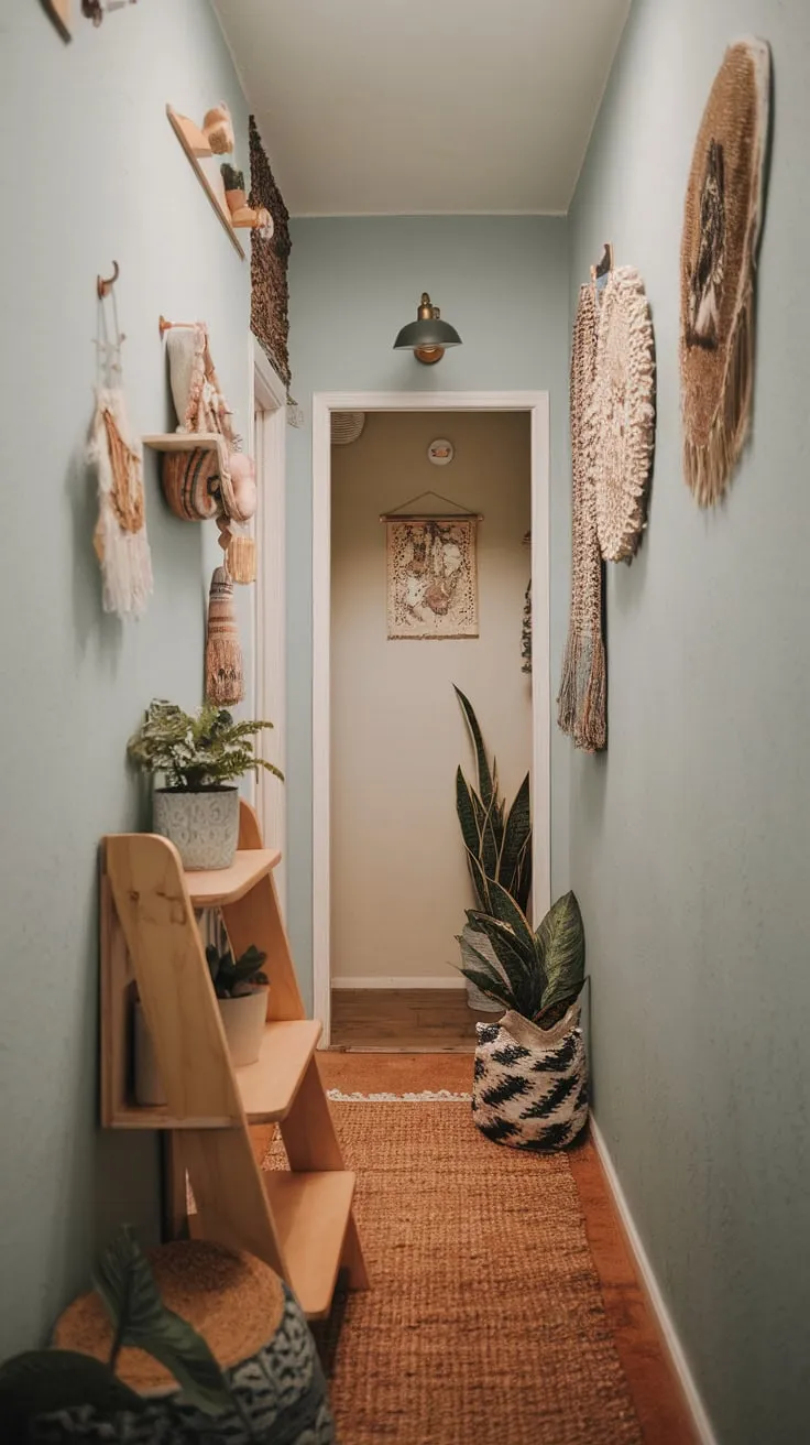 A narrow light blue hallway breathes bohemian charm with its eclectic wall decor, woven rug, and a ladder-plant vignette leading to an art-adorned doorway.
