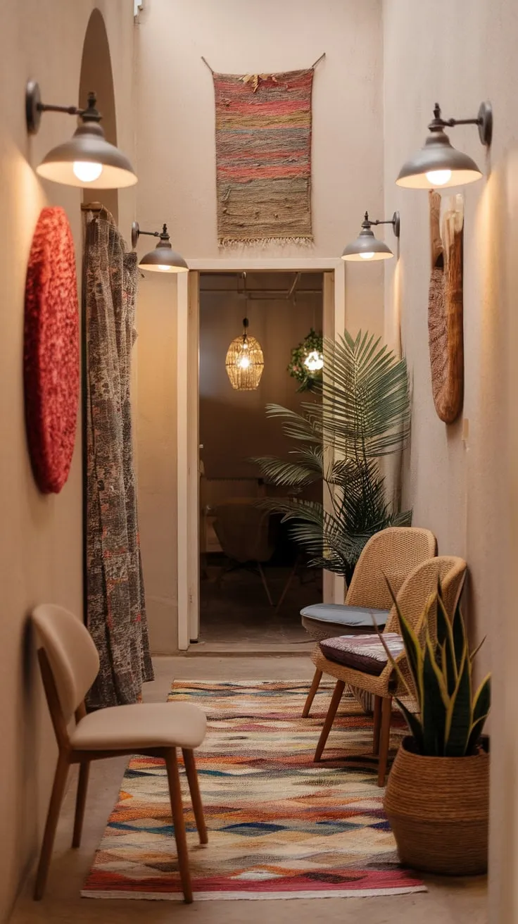 Boho style transforms a cramped hallway into a welcoming and artistic passageway with pops of color and carefully chosen accents.