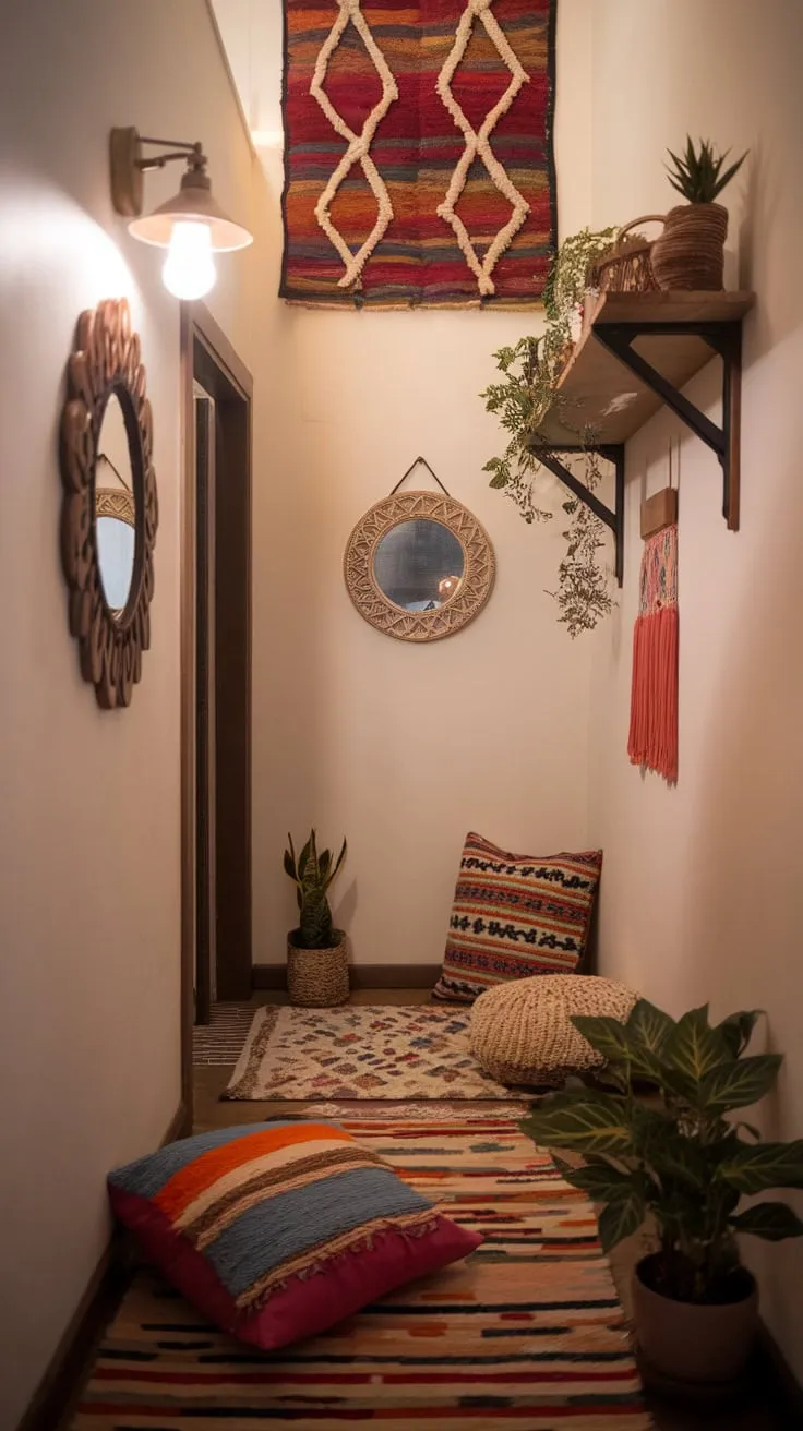 Bohemian flair transforms a cramped hallway into a welcoming space with layered textures, vibrant colors, and eclectic décor.