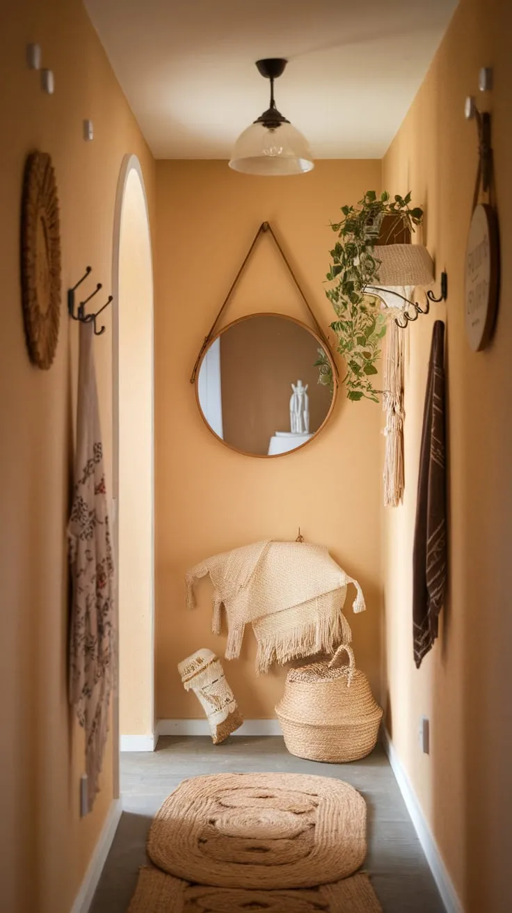 Soft lighting and charming details transform a narrow hallway into a welcoming bohemian space.