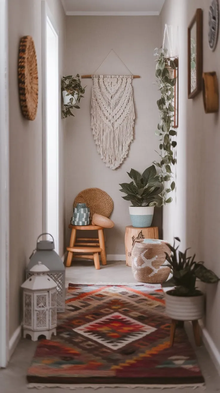 A narrow hallway bursts with bohemian charm, its gray walls adorned with plants, macrame, and a vibrant rug creating a cozy, welcoming space