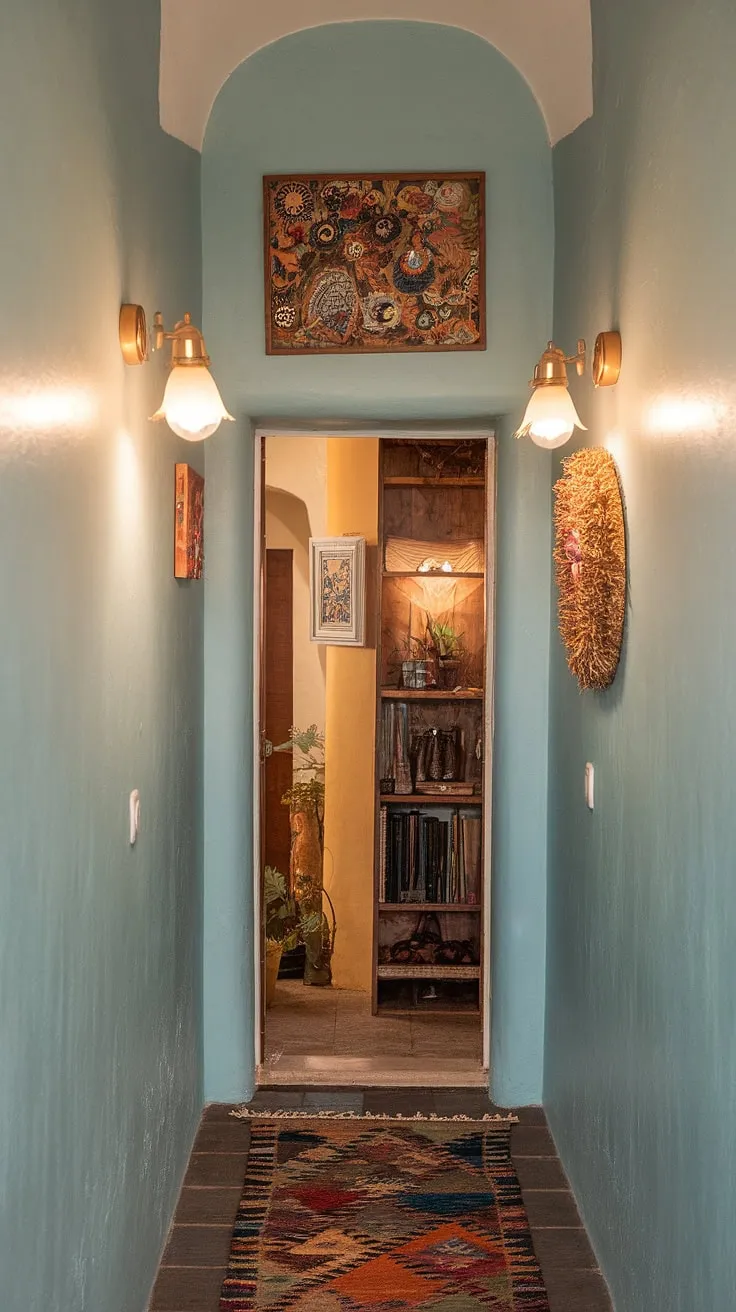 This narrow hallway, transformed with a boho interior design, proves that even small spaces can be bursting with personality.  The light blue foyer walls, entryway lamps, and art over doorway create a welcoming ambiance, offering a perfect blend of cozy home makeover and colorful entryway ideas.  This narrow hallway decor is a masterclass in maximizing space and style.