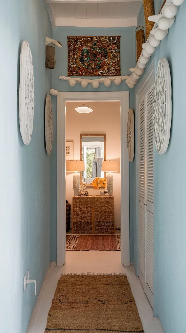 A burst of color and bohemian charm greets you at the entrance of this home.  This cozy home makeover features clever entryway ideas, transforming a narrow hallway into a captivating space.  The art over doorway adds a vibrant focal point, perfectly complementing the entryway lamps and mirror.  This is a stunning example of narrow hallway decor, showcasing boho interior design at its finest, and offering inspiring foyer walls and colorful entryway ideas.