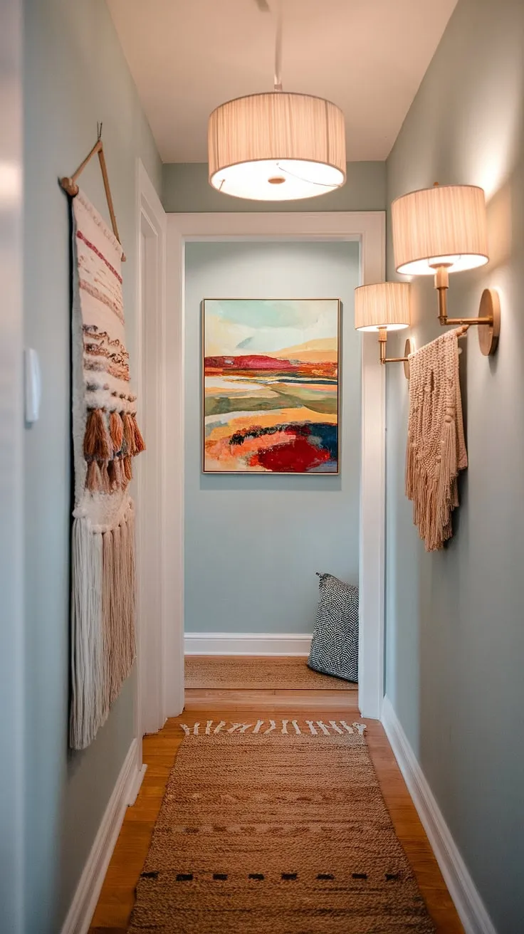 This narrow hallway's cozy home makeover is a masterclass in boho interior design.  The light blue foyer walls, woven rug, and entryway lamps create a welcoming atmosphere, while the art over doorway and wall hanging add pops of personality.  Perfect entryway ideas for those seeking colorful entryway ideas and narrow hallway decor.