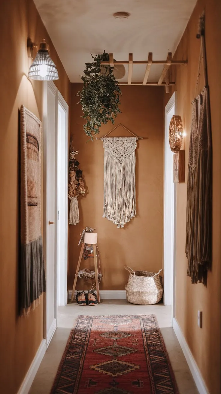 This narrow hallway decor showcases the magic of a boho interior design.  Entryway ideas abound in this cozy home makeover, from the vintage rug and entryway lamps to the art over the doorway.  The foyer walls, painted in a warm hue, perfectly complement the colorful entryway ideas and create a welcoming feel.  A hanging plant and decorative ladder add a touch of whimsy to this stunning space.