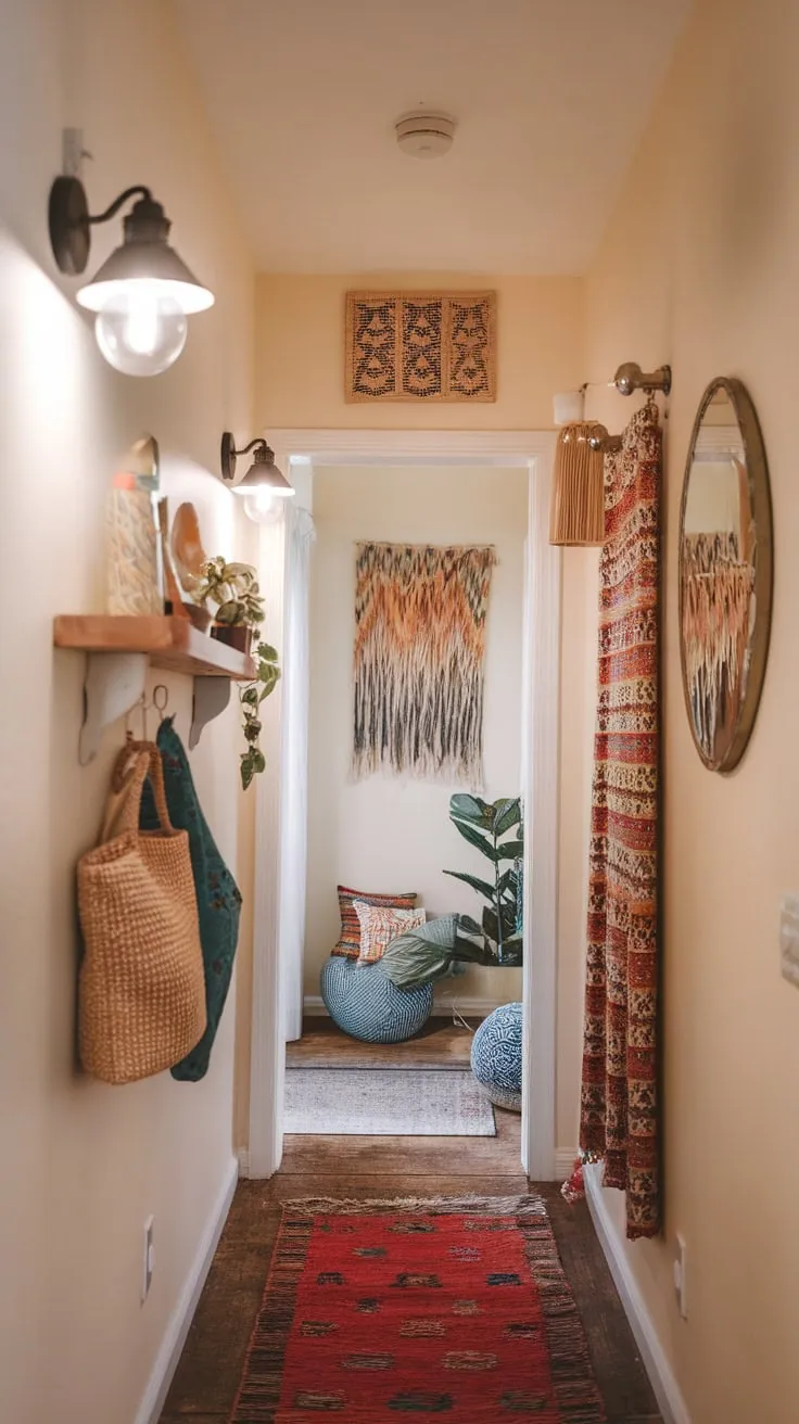A narrow hallway transforms into a cozy boho haven with colorful decor, wall lamps, art, a rug, and decorative shelves.