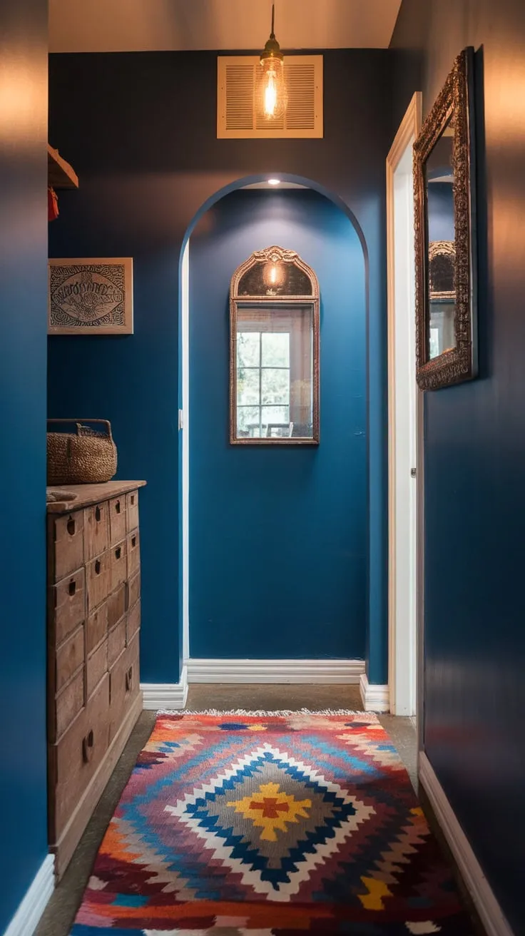 A cozy boho-chic hallway, painted deep blue, welcomes you with a colorful rug, vintage mirror, and wooden cabinet.